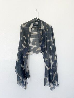 Banana Republic Abstract Pattern Scarf Sheer Metallic Silk Wool Gray Navy Cream